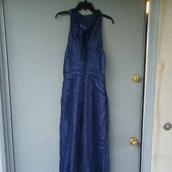 Elevenses by Anthropologie blue flocked halter jumpsuit 8 - Picture 3 of 4